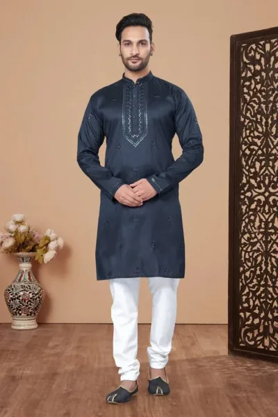 Blue Rayon Chikan Work Kurta Pajama